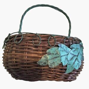 Brown Green Half Round Hanging Wicker Basket Green Metal Leaves Vintage 7 inch